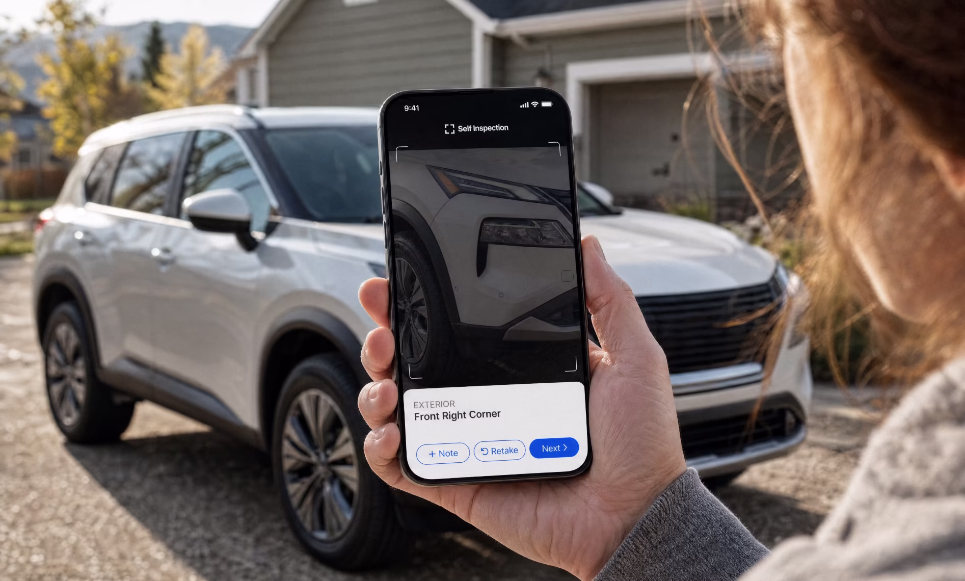 Person holding a phone running Self Inspection guided capture in front of a silver SUV on a driveway