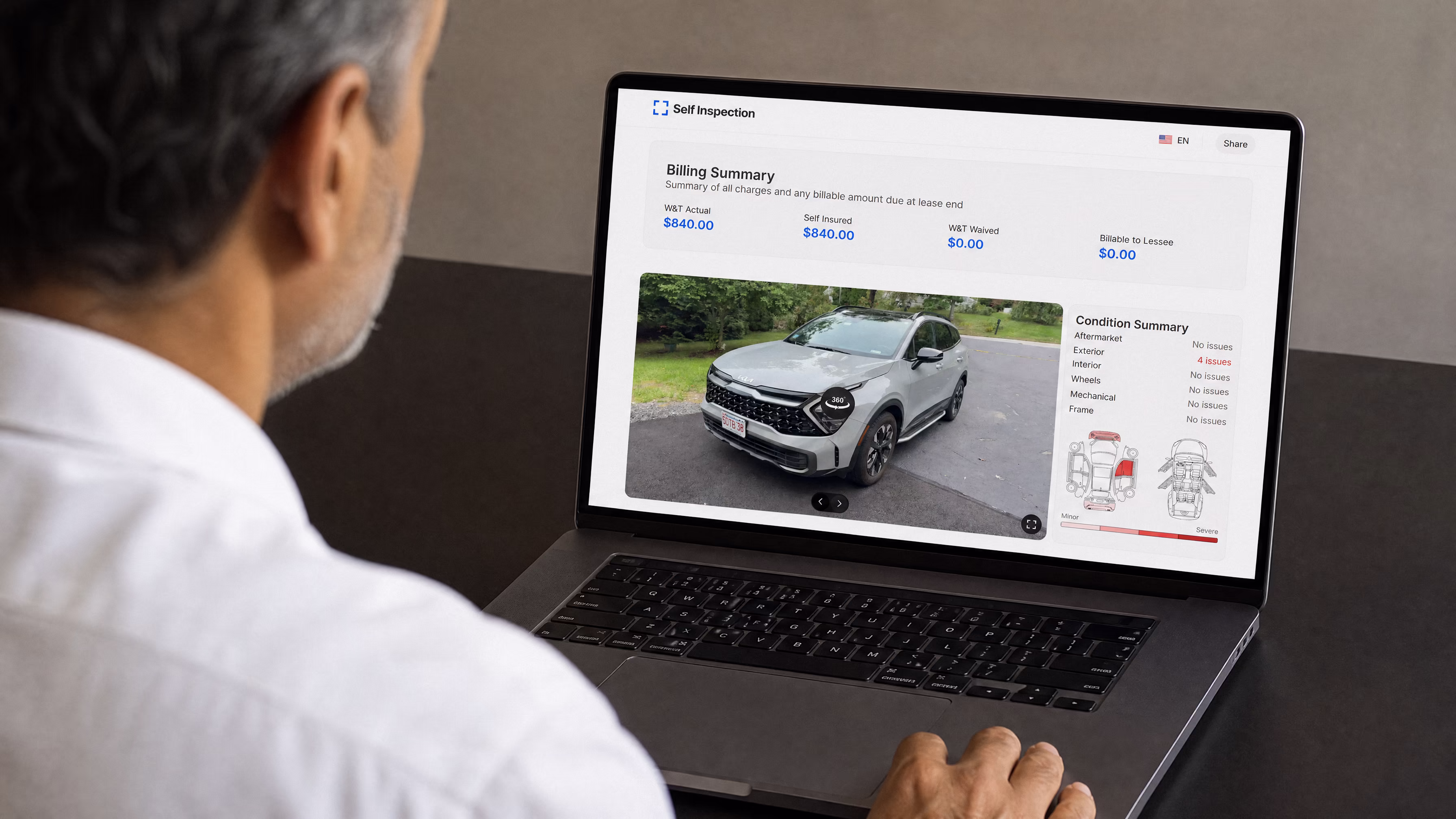 Lender reviewing a Self Inspection lease-end report with billing and condition summary on a laptop